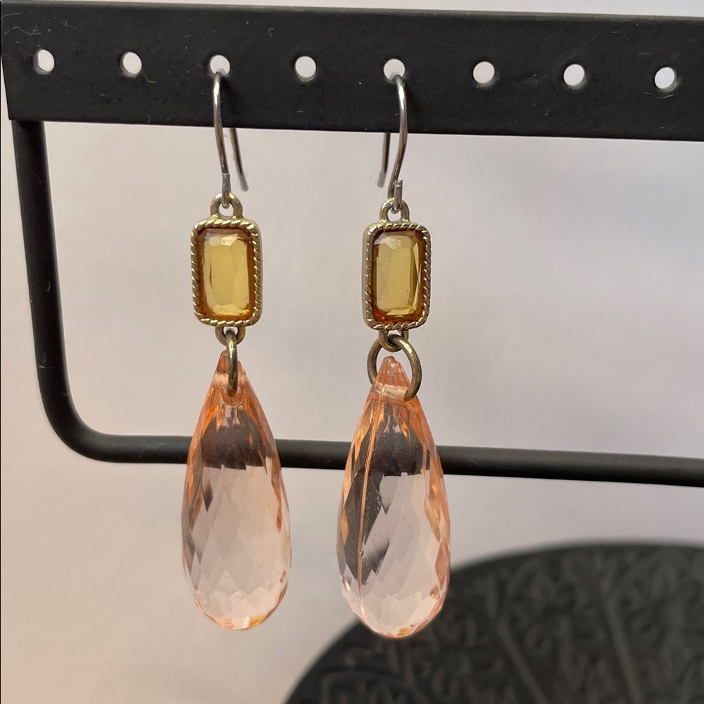 Champagne-colored crystal drop earrings with a two tiered design.  2”